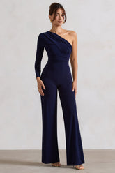 Navy One Shoulder Ruched Wide Leg Jumpsuit